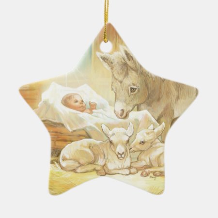 Baby Jesus Nativity With Lambs And Donkey Ceramic Ornament