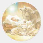 Baby Jesus Nativity With Lambs And Donkey Classic Round Sticker at Zazzle