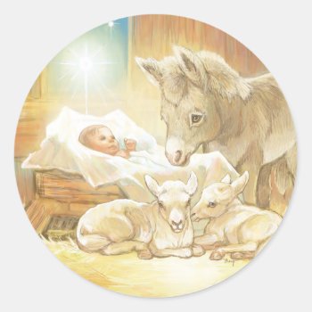 Baby Jesus Nativity With Lambs And Donkey Classic Round Sticker by gingerbreadwishes at Zazzle