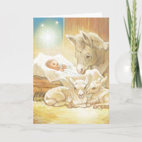 Baby Jesus Nativity with Lambs and Donkey Holiday Card