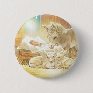 Baby Jesus Nativity with Lambs and Donkey Pinback Button