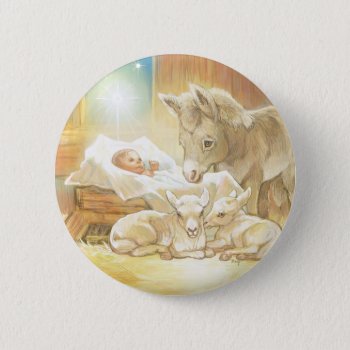 Baby Jesus Nativity With Lambs And Donkey Pinback Button by gingerbreadwishes at Zazzle
