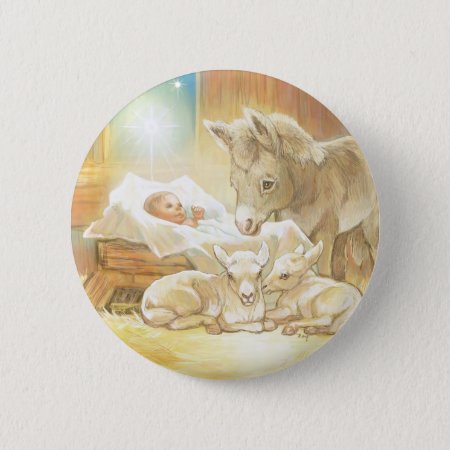 Baby Jesus Nativity With Lambs And Donkey Pinback Button