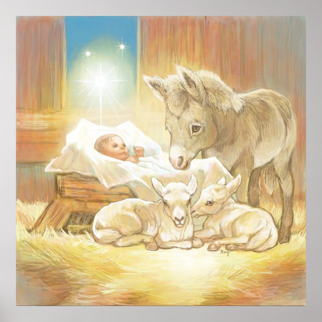Baby Jesus Nativity with Lambs and Donkey Poster (Front)