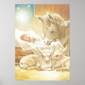Baby Jesus Nativity With Lambs And Donkey Poster by gingerbreadwishes at Zazzle