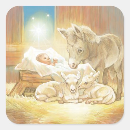 Baby Jesus Nativity With Lambs And Donkey Square Sticker