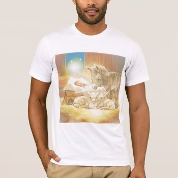 Baby Jesus Nativity With Lambs And Donkey T-shirt by gingerbreadwishes at Zazzle