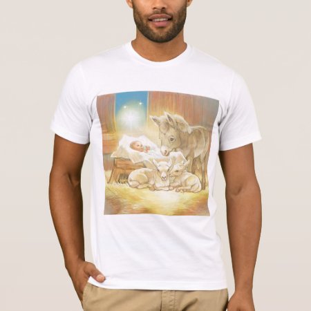 Baby Jesus Nativity With Lambs And Donkey T-shirt