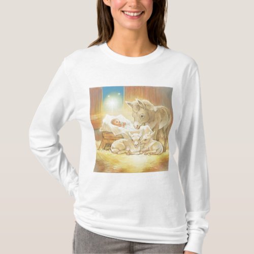 Baby Jesus Nativity with Lambs and Donkey T_Shirt