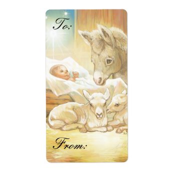 Baby Jesus Nativity With Lambs & Donkey Gift Tags by gingerbreadwishes at Zazzle