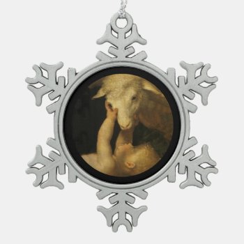 Baby Jesus Touches Face Of Lamb Snowflake Pewter Christmas Ornament by dmorganajonz at Zazzle