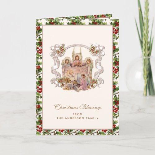 Baby Jesus with Angels Vintage Holly Berries Holiday Card