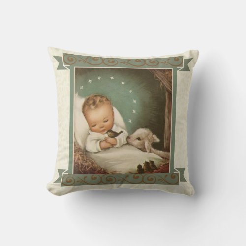 Baby Jesus with lamb  bird in manger Throw Pillow