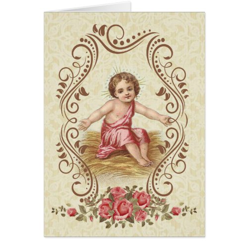 Baby Jesus with Pink Roses decorative gold border