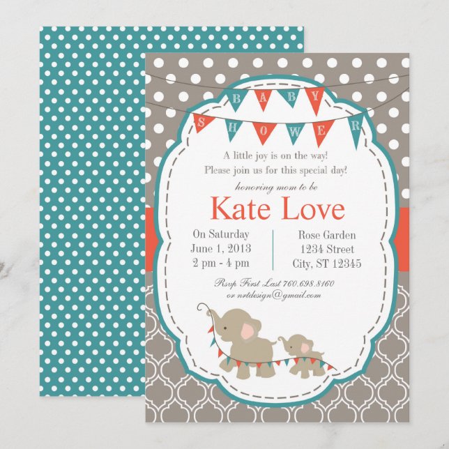 Baby Joy Elephant Shower Invitation - Orange/Teal (Front/Back)
