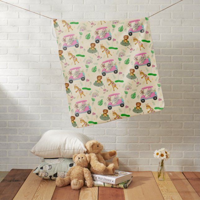 Baby Jungle Animals Golfing Pink Pattern Baby Blanket (In Situ)