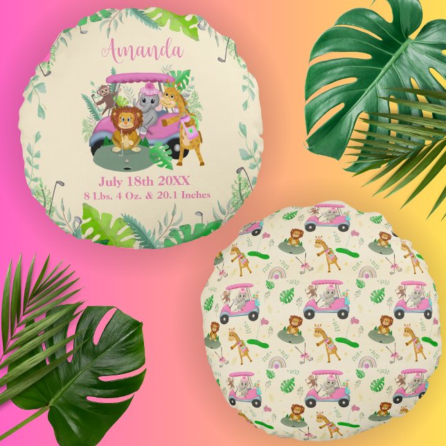  Baby Jungle Animals Golfing Pink  Round Pillow (Creator Uploaded)