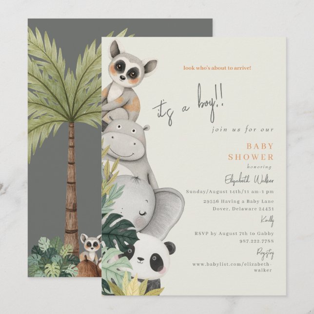 Baby Jungle Animals It's a Boy Baby Shower Invitation (Front/Back)