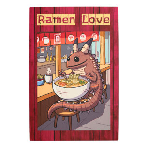 Baby Kaiju Eating Ramen in Noodle Bar Metal Print