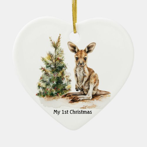 baby kangaroo next to christmas tree customizable ceramic ornament