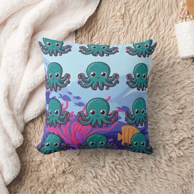Baby Kawaii Blue Octopus Throw Pillow (Blanket)