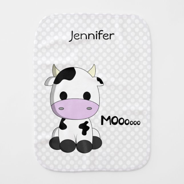 Baby kawaii cow cartoon with baby name burp cloth (Front)