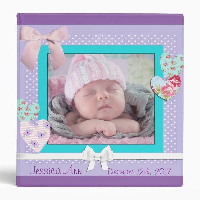Baby Keepsake Binder Scrapbook Purple and Aqua (Front)