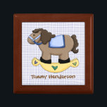 Baby Keepsake Box<br><div class="desc">Cute wooden box,  with tile lid. Sweet graphics of a rocking horse against a blue and white checkered background.  Text in brown is customizable to read anything you want.  Lovely baby keepsake box for all your babies treasures.</div>