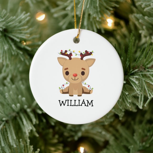 Baby Keepsake Christmas Cute Reindeer Name Ceramic Ornament (Tree)