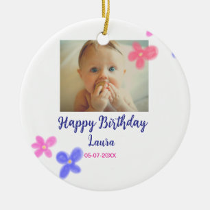 Baby kids 1st birthday add name date add photo ceramic ornament