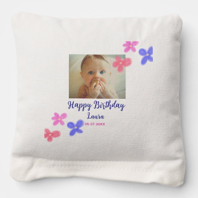 Baby kids 1st birthday add name date add photo cornhole bags (Front)