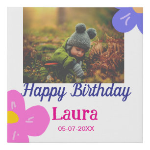 Baby kids 1st birthday add name date add photo faux canvas print