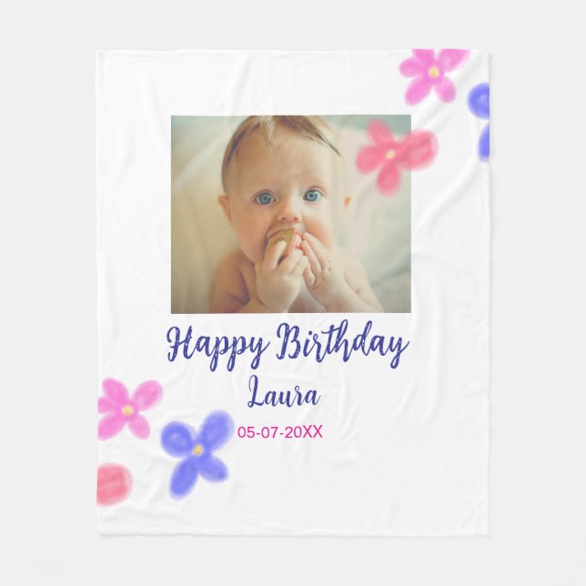 Baby kids 1st birthday add name date add photo fleece blanket (Front)