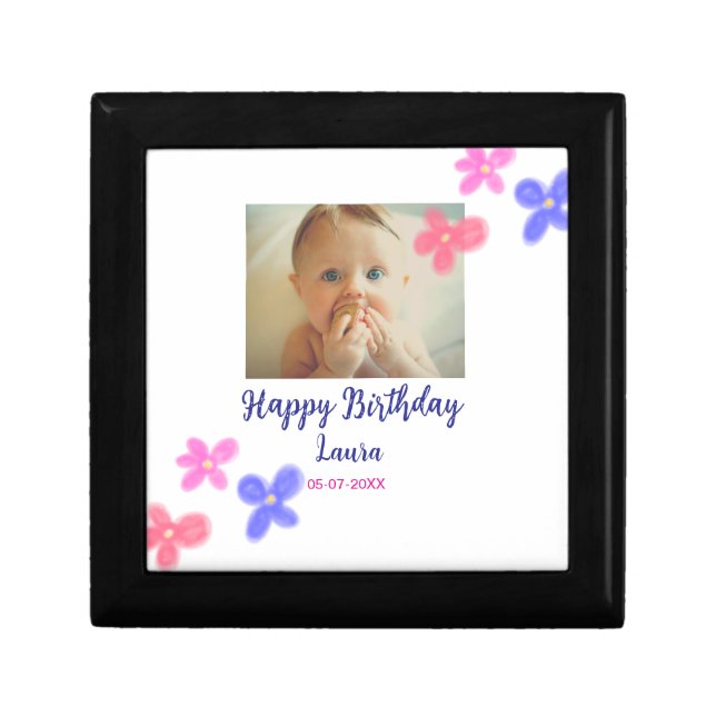 Baby kids 1st birthday add name date add photo gift box (Front)