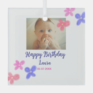 Baby kids 1st birthday add name date add photo glass ornament