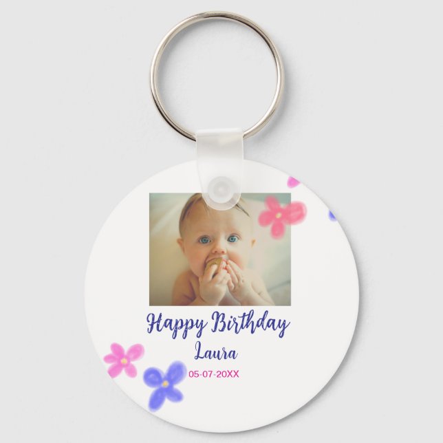 Baby kids 1st birthday add name date add photo keychain (Front)