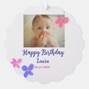 Baby kids 1st birthday add name date add photo ornament card