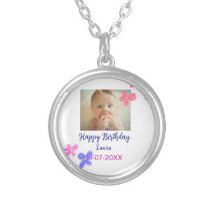 Baby kids 1st birthday add name date add photo silver plated necklace