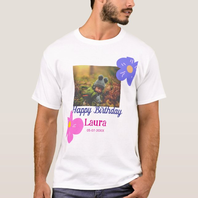 Baby kids 1st birthday add name date add photo T-Shirt (Front)