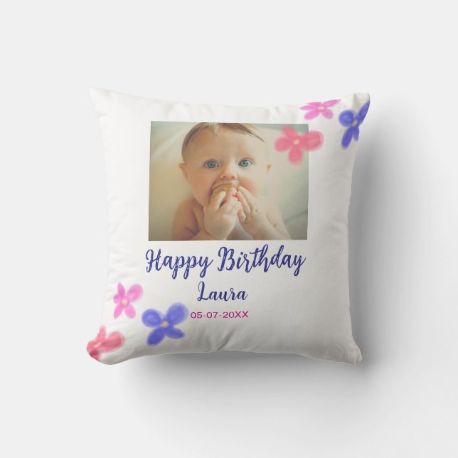 Baby kids 1st birthday add name date add photo throw pillow (Front)