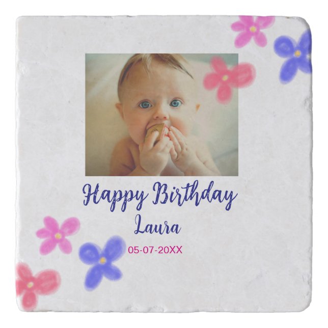 Baby kids 1st birthday add name date add photo trivet (Front)