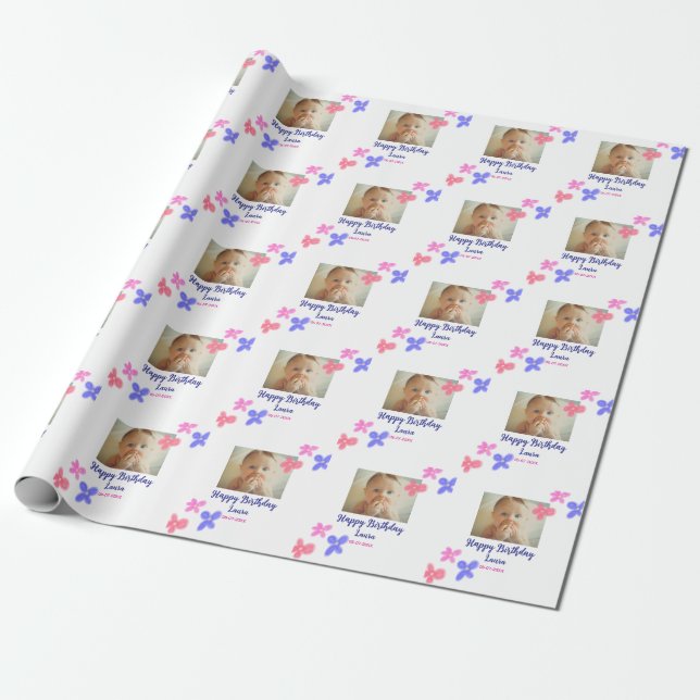 Baby kids 1st birthday add name date add photo wrapping paper (Unrolled)