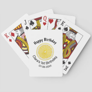 Baby kids 1st birthday lemon slice add name date m poker cards
