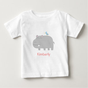 Baby & Kids: Cute Hippo with Blue Bird Cartoon Baby T-Shirt