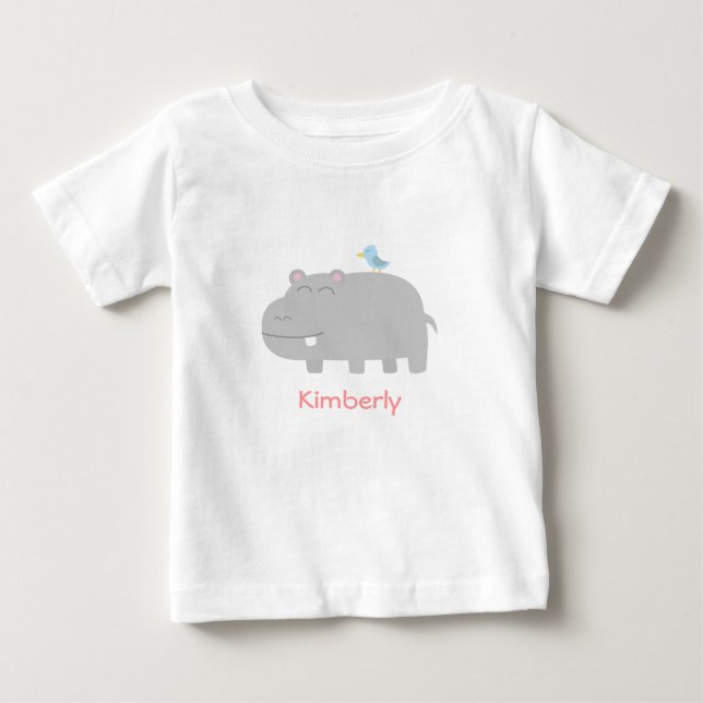 Baby & Kids: Cute Hippo with Blue Bird Cartoon Baby T-Shirt (Front)