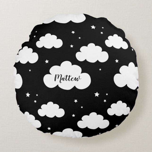 Baby & Kids - Monochrome Clouds & stars Round Pillow (Front)
