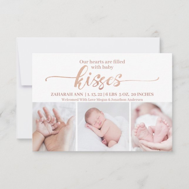 Baby Kisses Valentine 3 Photo Birth Baby Announcement (Front)
