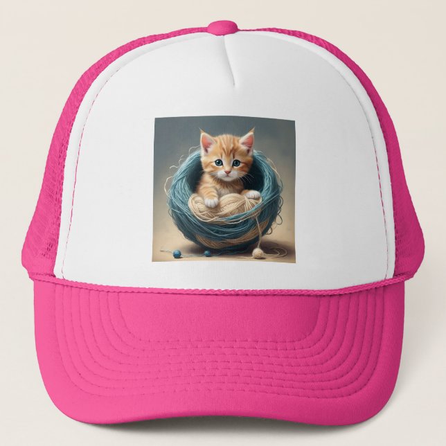 Baby Kitten In A Ball Of Wool Kids Tshirt Trucker Hat (Front)
