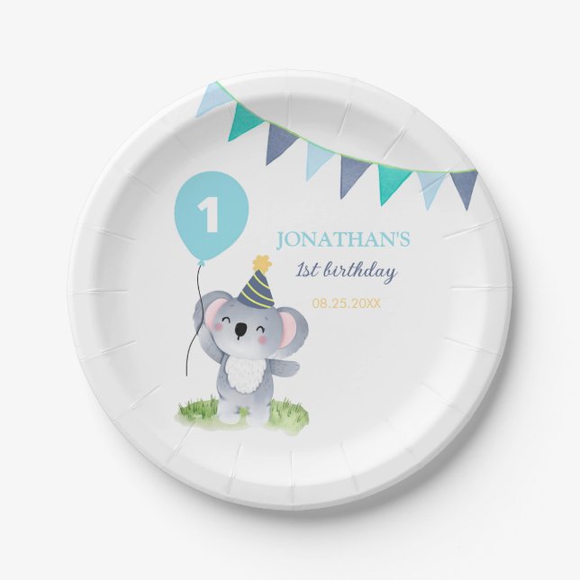 Baby Koala Balloon Party Flag Birthday Paper Plates (Front)