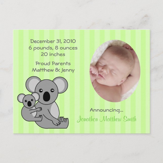 Baby Koala Bear Birth Announcements Postcard (Front)